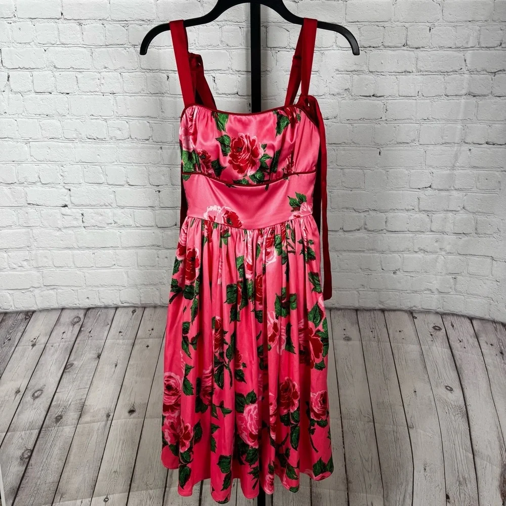 Vixen by Micheline Pitt Pink Floral Fit-and-Flare Dress with Red Straps - Picture 1 of 10